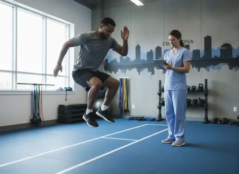 Athlete performing a lateral hop test while a physiotherapist records results