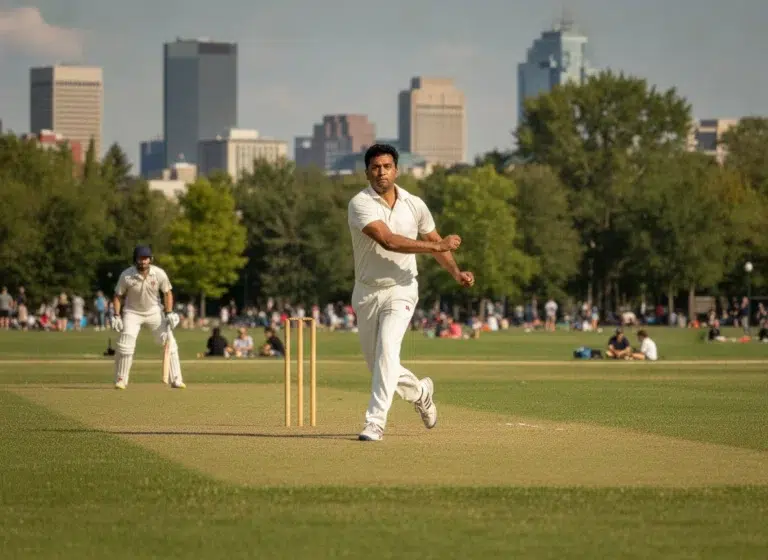 Cricket Fast Bowler In Delivery Stride In An Edmonton Park