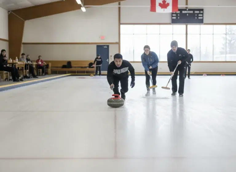 Curler Delivering A Stone With Sweepers Ahead