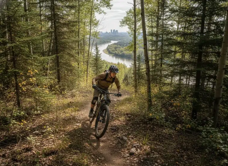 Mountain Biker On A River Valley Single-Track Trail