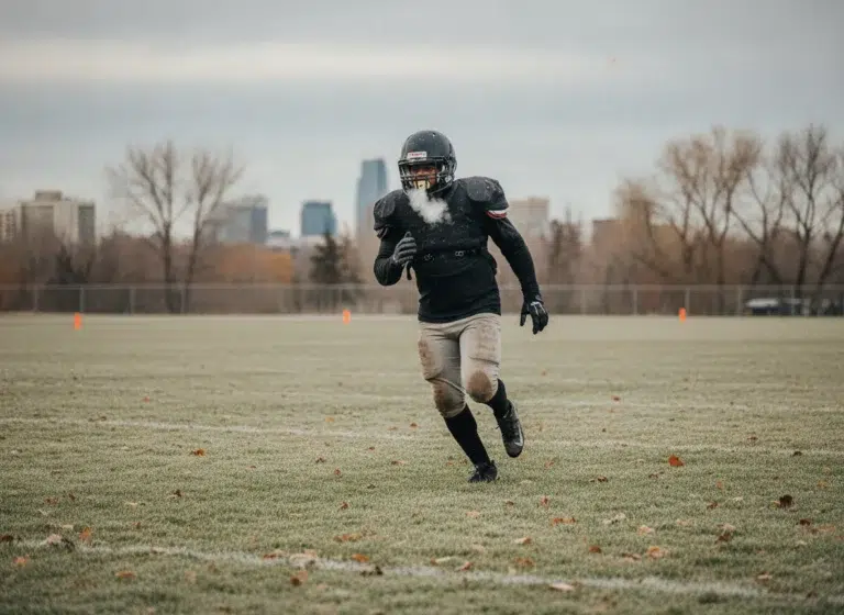 Football Player Sprinting On A Cold Autumn Field