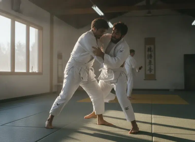 Judoka Mid-Throw On Tatami Mats