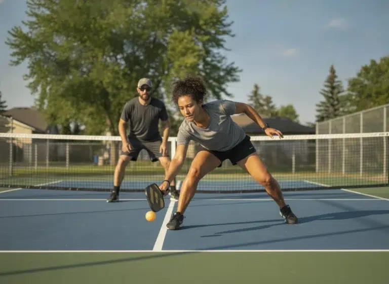 Adults Playing Pickleball On An Outdoor Court