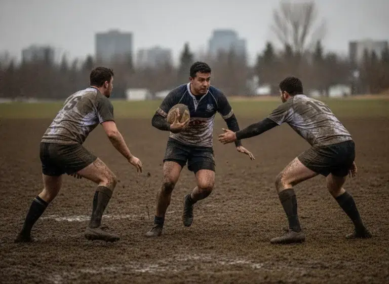 Rugby Player Carrying The Ball Into A Tackle