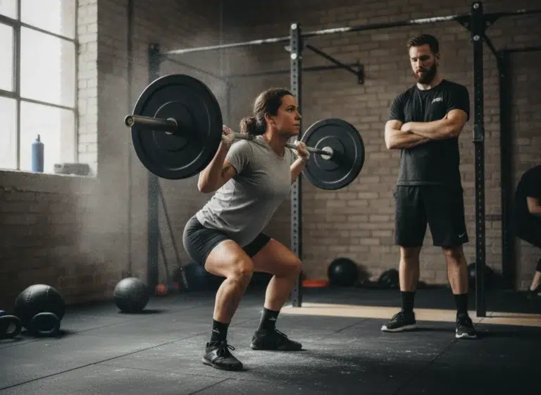 Athlete performing a barbell back squat in a CrossFit gym