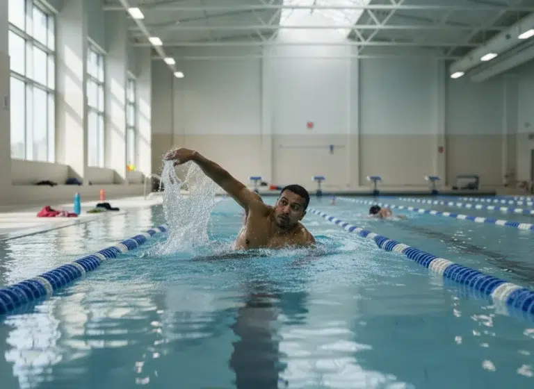 Swimmer Mid Freestyle Stroke In An Indoor Pool